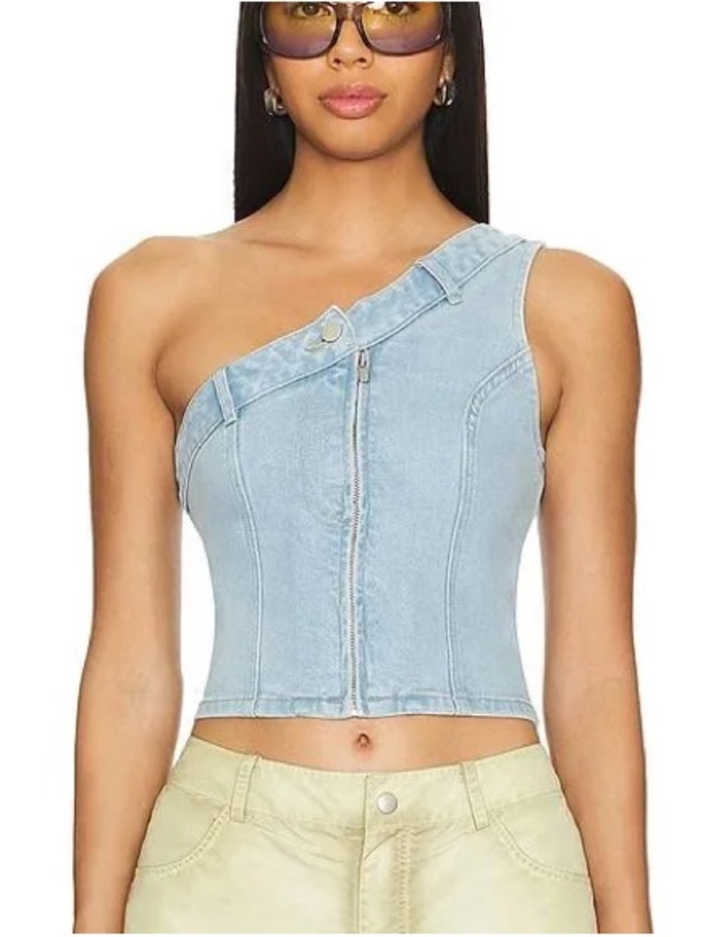 REVOLVE Light Blue One-Shoulder Denim Crop Top